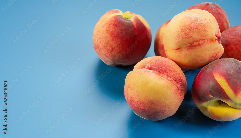 Fresh, ripe peaches on blue background Fresh, ripe peaches on blue background