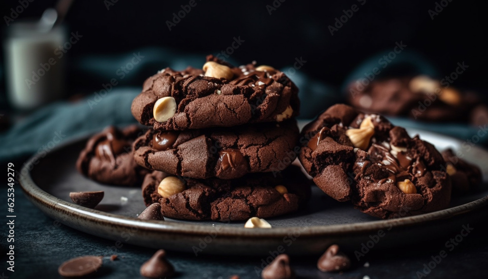 Indulgent homemade chocolate chip cookie on rustic wood table background generated by AI Indulgent homemade chocolate chip cookie on rustic wood table background generated by AI