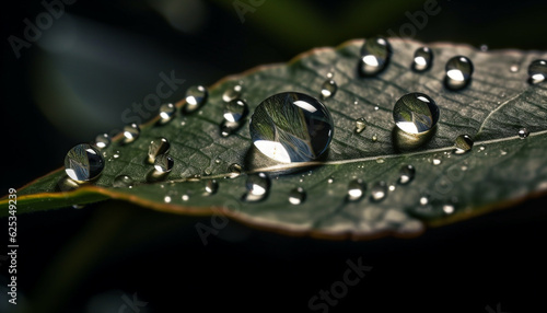 Fresh green leaf with dew drop reflects beauty of nature generated by AI