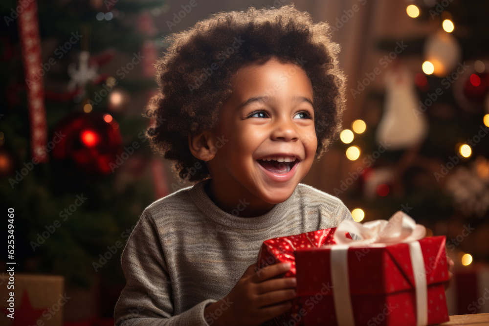 vA young excited child on Christmas morning opening presents vA young excited child on Christmas morning opening presents
