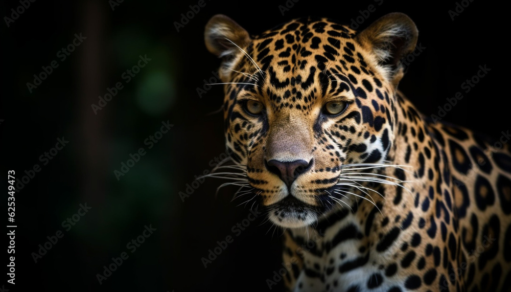 Jaguar staring, striped fur, majestic beauty in nature tranquility generated by AI