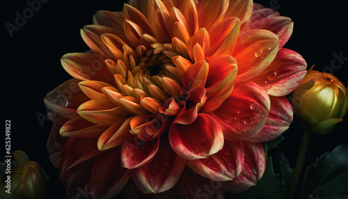 Vibrant multi colored dahlia blossom in close up, wet with water generated by AI © djvstock
