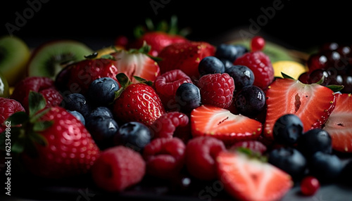 Juicy berry fruits on wooden plate, a colorful summer snack generated by AI