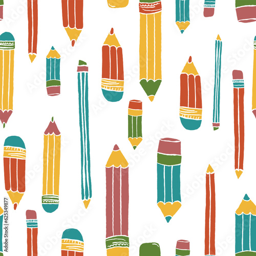 Pencils seamless pattern. Hand drawn crayons collection. Colorful elements. Kids style drawing pencil. Doodle crayon. Cute wallpaper. Vector illustration on white background 