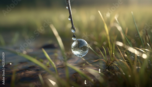 Fresh dew drops on green grass, a close up of nature beauty generated by AI