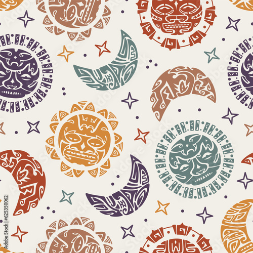 Angry Sun and Moon Faces tribal pattern. Maori Tattoo Ornament Seamless Pattern. Ethnic Mask. Vector illustration