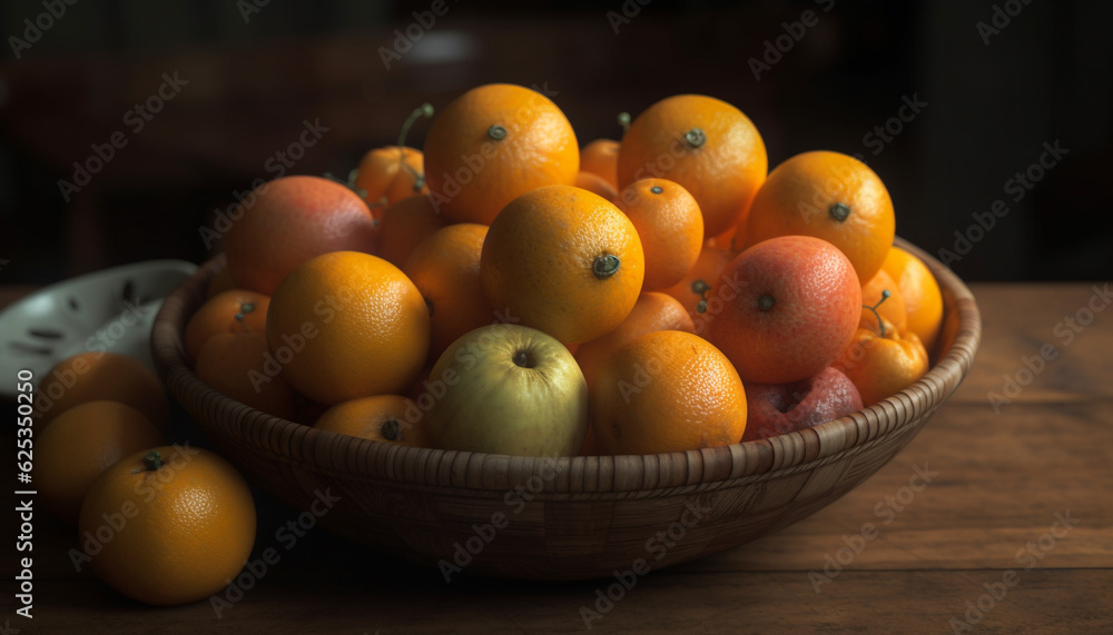 Fresh organic citrus fruit bowl on rustic wooden table background generated by AI