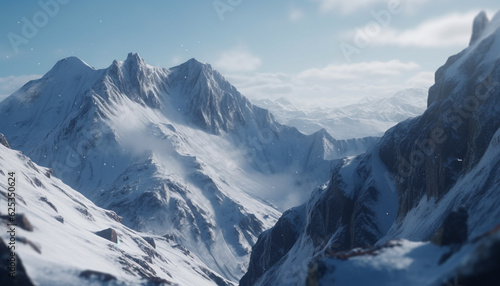 Panoramic mountain range, majestic peak, tranquil scene, extreme terrain adventure generated by AI © djvstock
