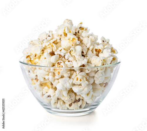 Glass bowl with tasty popcorn on white background