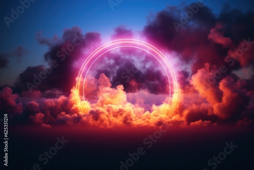 Neon Circle in a Clouds. Neon Light Geometric Objects. Abstract of Glowing Clouds Circle Frame Illuminated With Neon Light on Sky View. Made With Generative AI. 