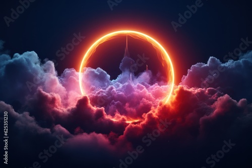 Neon Circle in a Clouds. Neon Light Geometric Objects. Abstract of Glowing Clouds Circle Frame Illuminated With Neon Light on Sky View. Made With Generative AI. 