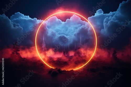 Neon Circle in a Clouds. Neon Light Geometric Objects. Abstract of Glowing Clouds Circle Frame Illuminated With Neon Light on Sky View. Made With Generative AI. 