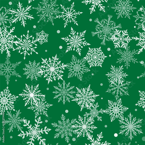 Christmas seamless pattern of beautiful complex snowflakes in green and white colors. Winter background with falling snow