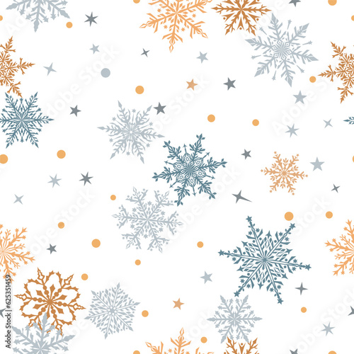 Christmas seamless pattern of beautiful complex snowflakes in gray, yellow and white colors. Winter background with falling snow