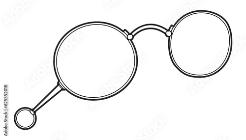 Lorgnette frame glasses fashion accessory illustration. Sunglass 3-4 view for Men, women, silhouette style, flat rim spectacles eyeglasses with lens sketch outline isolated on white background