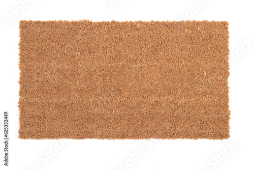 Natural brown coconut fiber doormat. Plain natural dry carpet and dirt outside your entrance, Detail, closeup of fiber and base on white background.