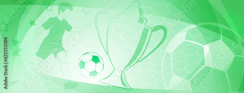 Abstract soccer background with a football player kicking the ball and other sport symbols in green colors