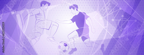 Abstract soccer background with a football players kicking the ball and other sport symbols in purple colors