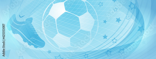 Abstract soccer background with big football ball and other sport symbols in light blue colors