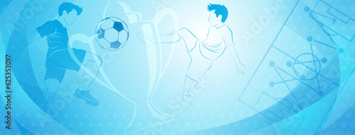 Abstract soccer background with a football players kicking the ball and other sport symbols in light blue colors