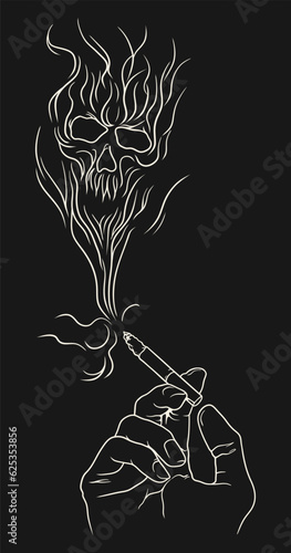 Burning cigarette with a smoke formed skull. Vector line art illustration. Isolated on black background