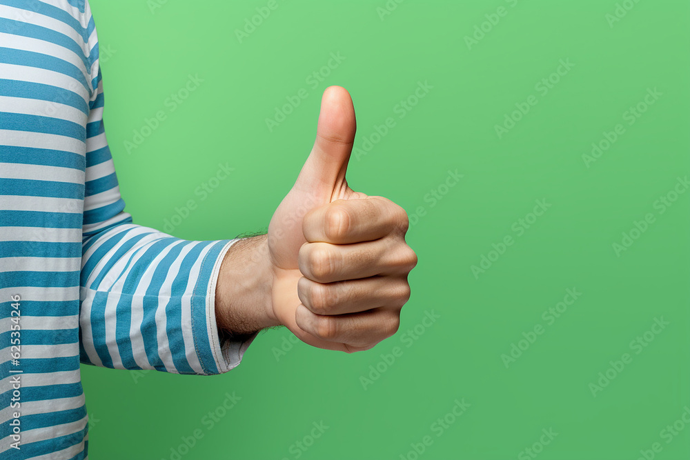 Male hand giving thumbs up on green background
