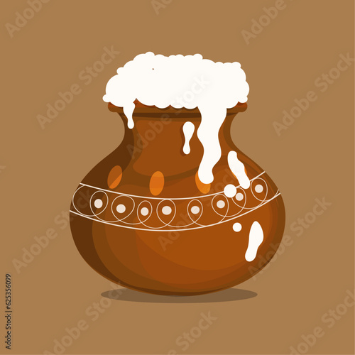 clay pot with overflowing milk isolated on white background, flat vector illustration, eps 10