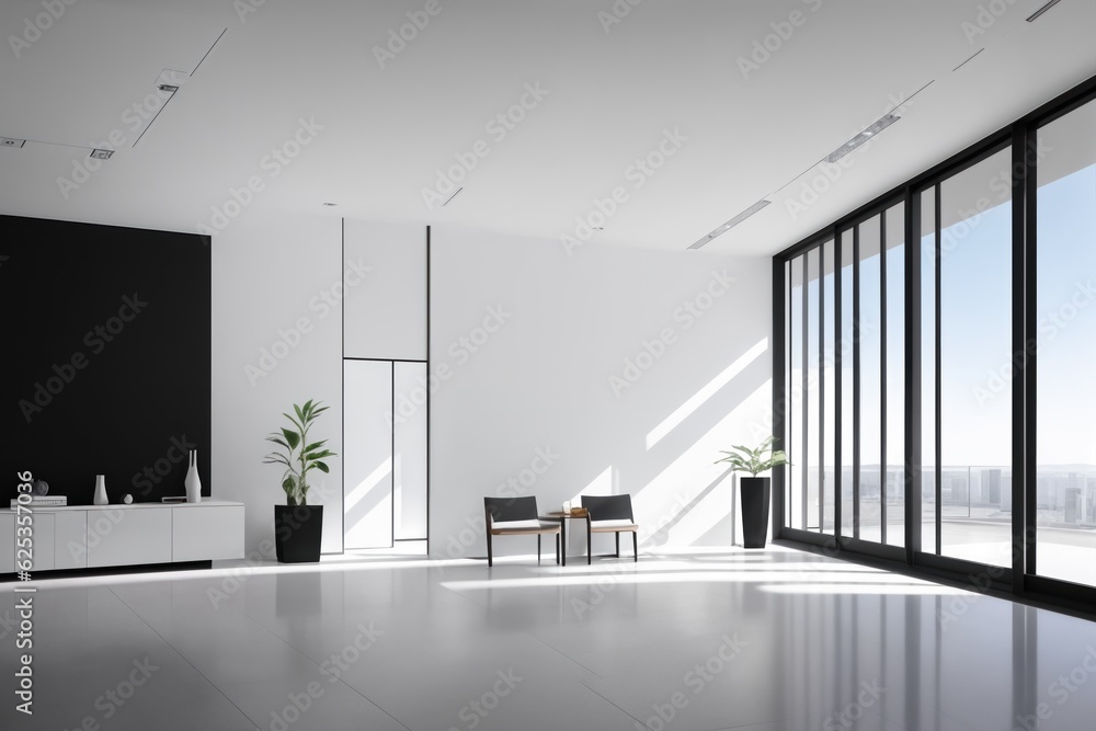 Obraz premium Interior of modern office waiting room with white walls, concrete floor, white computer tables and black armchairs. 3d rendering