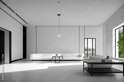 Interior of modern office waiting room with white walls  concrete floor  white computer tables and black armchairs. 3d rendering