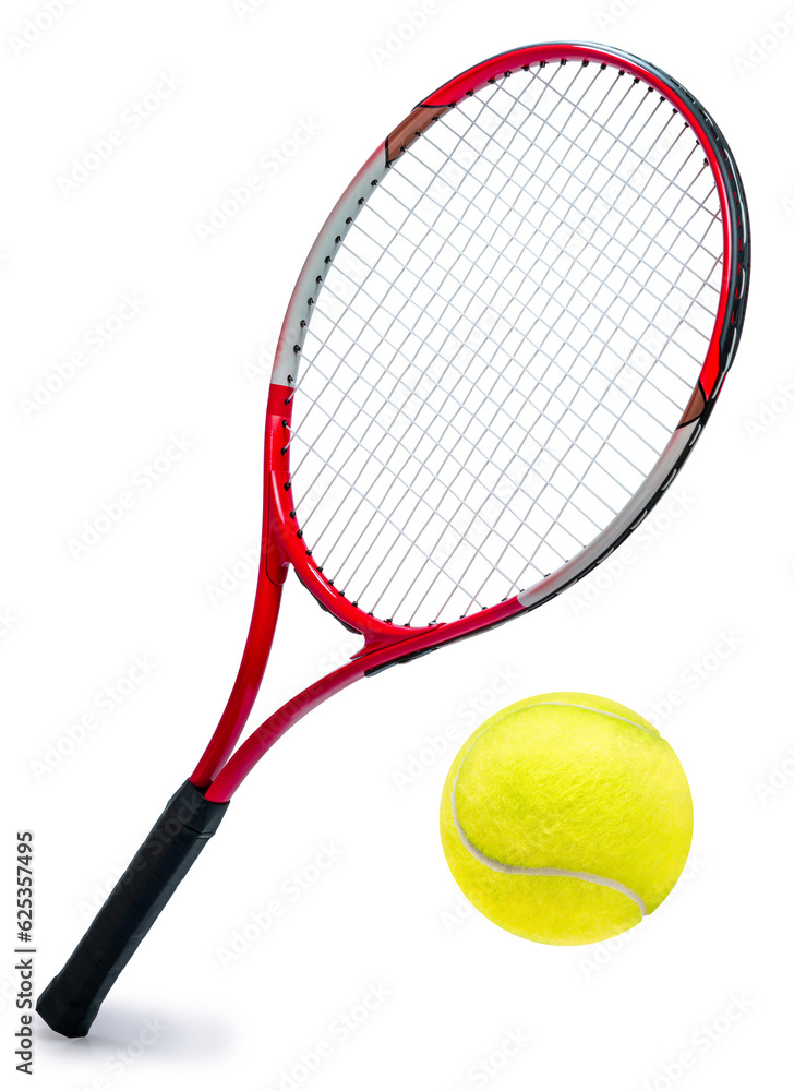 Red Tennis racket and Yellow Tennis ball sports equipment isolated on white With work path.
