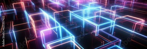 Neon Light Squares. glowing lines, tunnel, neon lights, virtual reality, square portal, arch. Neon Light Geometric Objects. Made With Generative AI.  © John Martin