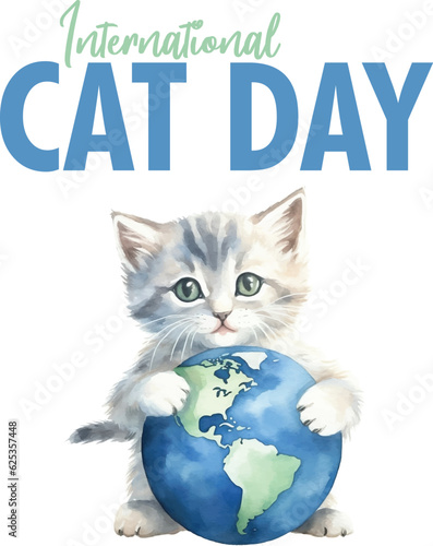 Vector Watercolor illustration for international cat day with a kitten holding earth globe