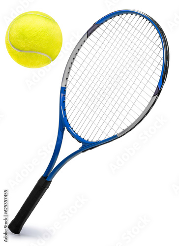 Blue Tennis racket and Yellow Tennis ball sports equipment isolated on white With work path.
