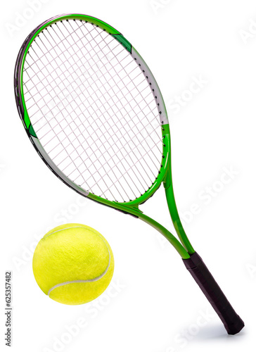 Green Tennis racket and Yellow Tennis ball sports equipment isolated on white With work path.