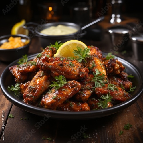 Delicious chicken wings with sauce. Generative AI. 