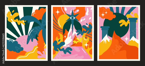 90s groovy posters. Cartoon psychedelic style. Bright hippie characters and retro elements. Trip landscapes with mountains, sun rays,plants, trip wave. Vector collection	