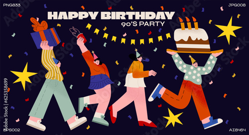 Happy people retro characters birthday party 90s. Disco groovy style, gifts, sweets. Vintage illustration, fun disco holiday friends