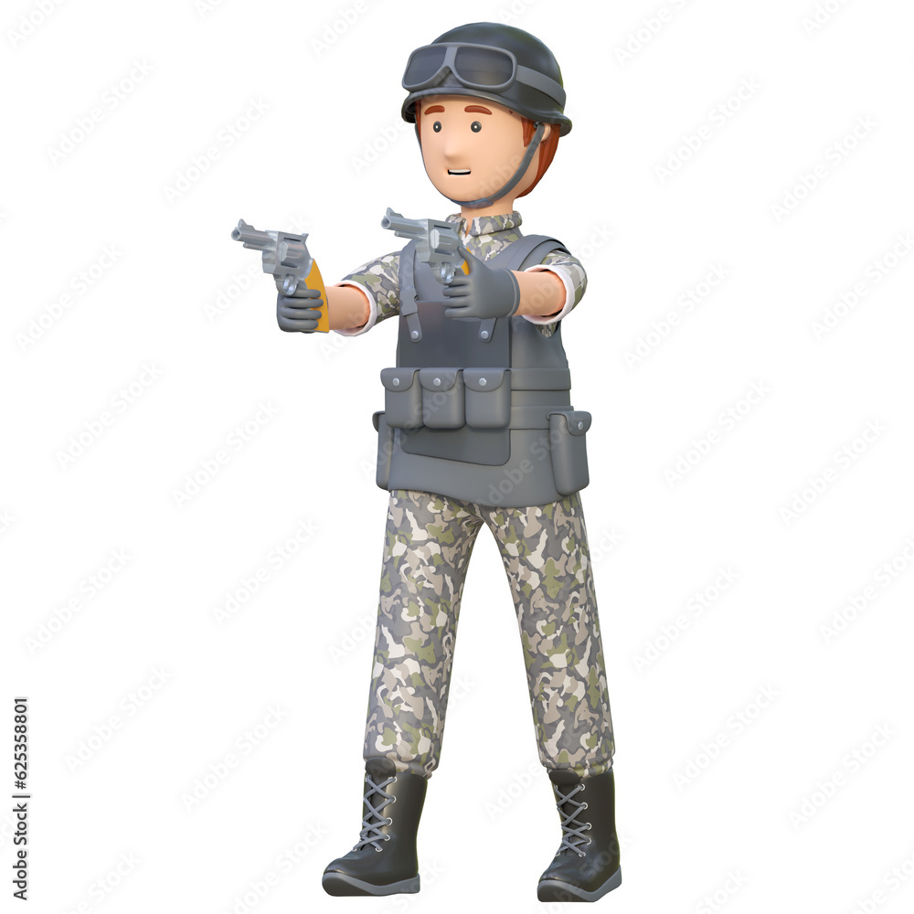 soldier holding dual revolver hand gun 3d cartoon illustration