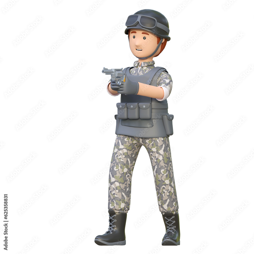 soldier holding revolver hand gun 3d cartoon illustration