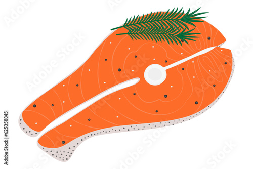 Abstract image of salmon steak with rosemary sprig and spices in trendy shades. Healthy food Day.