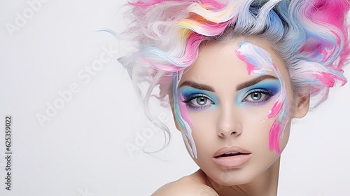 Attractive young woman wearing artistic makeup a white background with generative ai
