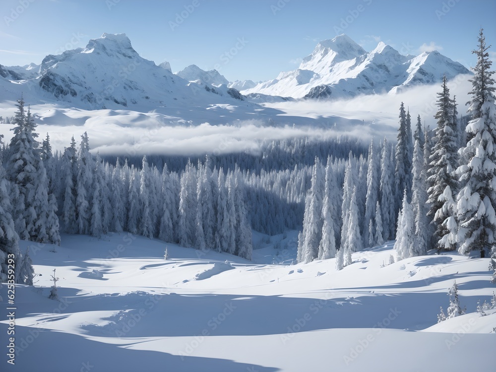Scenic view of snow covered landscape in fog, generative ai