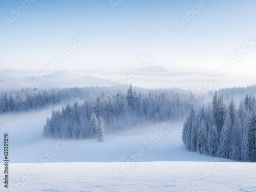 Scenic view of snow covered landscape in fog, generative ai