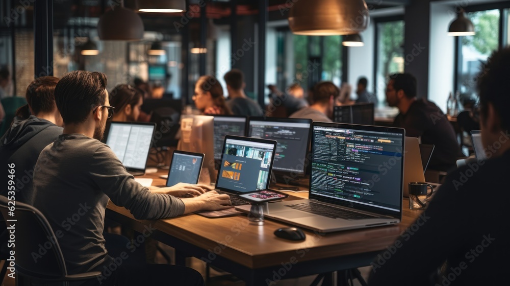 A scene showcasing a team of software developers coding, collaborating, and testing applications in a modern development environment - obrazy, fototapety, plakaty 