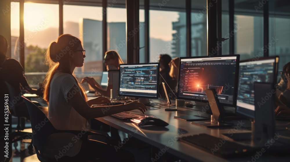 Fototapeta premium A scene showcasing a team of software developers coding, collaborating, and testing applications in a modern development environment