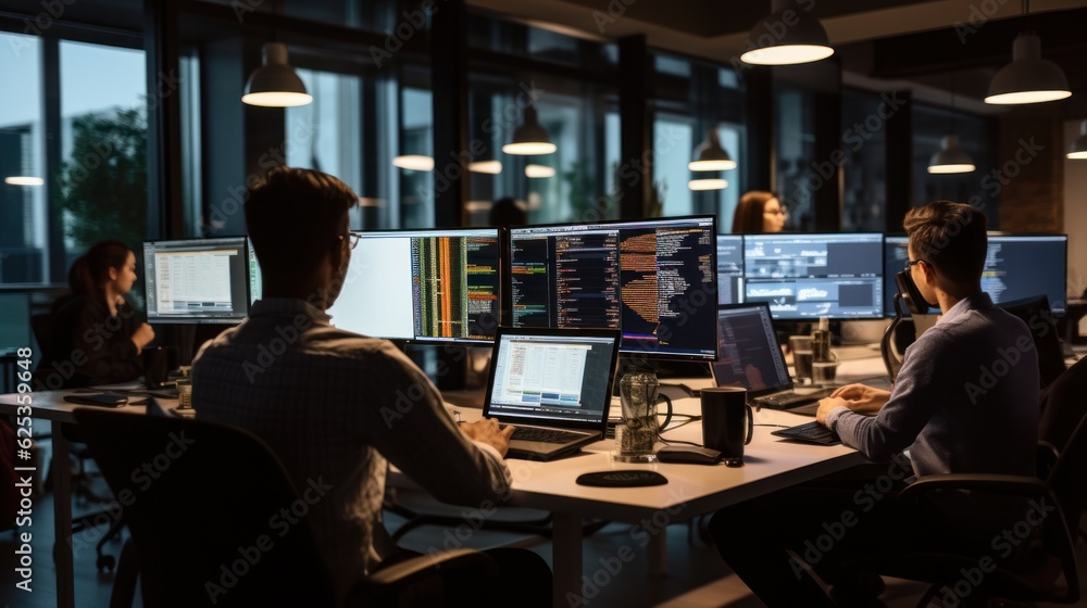 A scene showcasing a team of software developers coding, collaborating, and testing applications in a modern development environment A scene showcasing a team of software developers coding, collaborating, and testing applications in a modern development environment