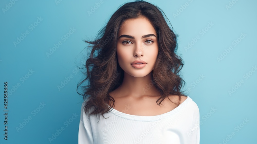 Cropped shot of an attractive young woman posing alone against a blue background in the studio with generative ai Cropped shot of an attractive young woman posing alone against a blue background in the studio with generative ai