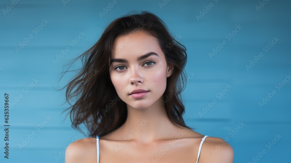 Cropped shot of an attractive young woman posing alone against a blue background in the studio with generative ai Cropped shot of an attractive young woman posing alone against a blue background in the studio with generative ai