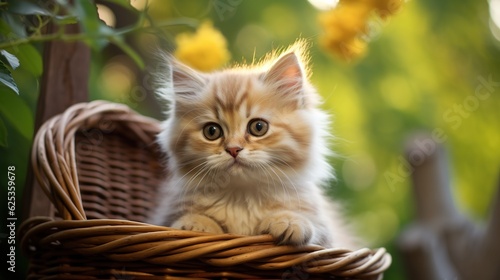 Cute little kitten sitting in a basket while outside with generative ai