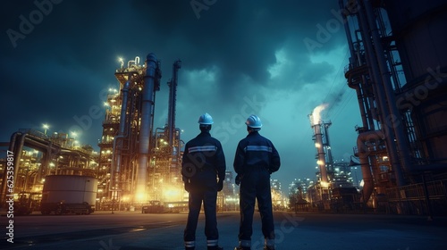 Engineer team in uniform are safety survey of the oil refiner industry with generative ai